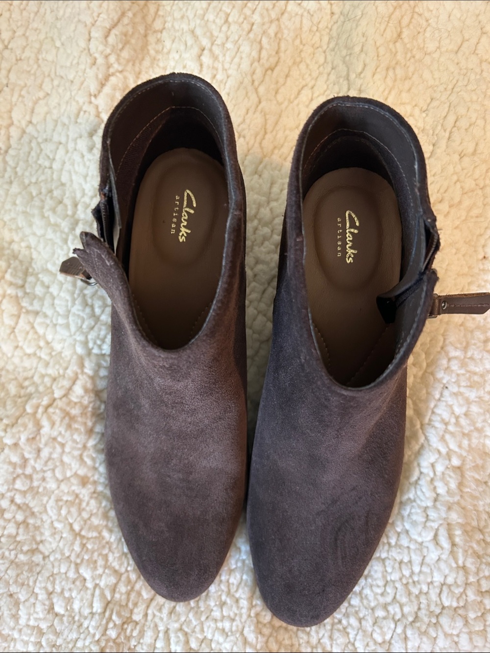 Clarks Dark Brown Suede Ankle Booties with Side Buckle